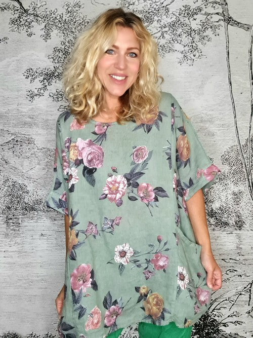 Avocado Ice Rose Pocket Top