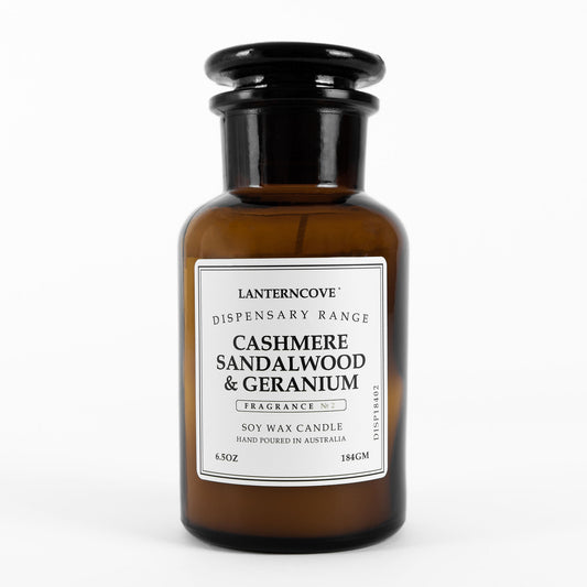 Lanterncove Dispensary – 6.5oz Soy Wax Candle – Cashmere Sandalwood & Geranium