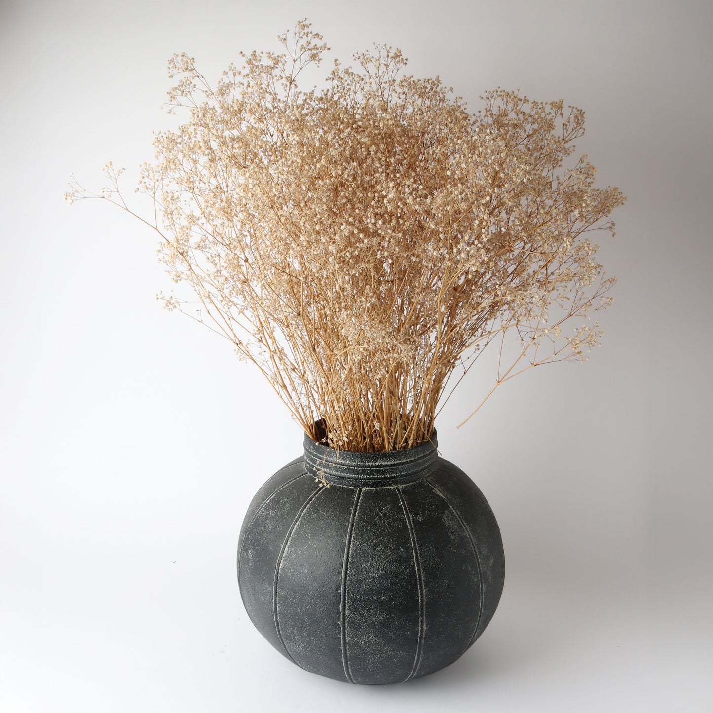 Rounded Fluted Metal Vase – Aged Black (31cm)