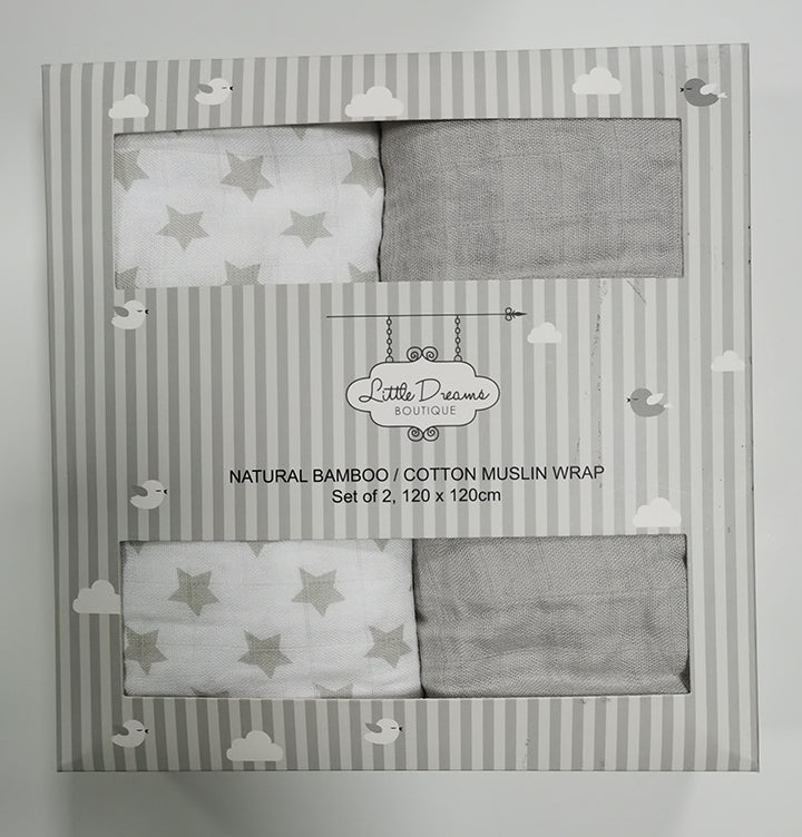Bamboo/Cotton 2 Pack Muslin Wrap Boxed – Silver Star