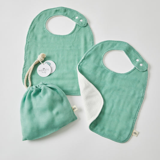 Double Muslin Bibs 2pk in Self Fabric Bag – Forest green