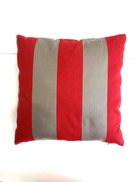 Red and grey striped outdoor cushion
