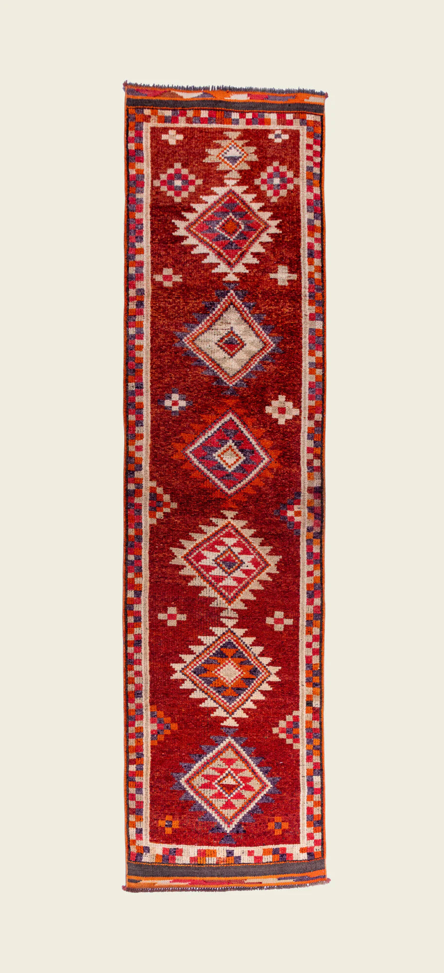 386x86cm Vintage Herki Runner Rug - Kurdish Tribal Hand-Knotted Wool, Around 50-60 Years Old