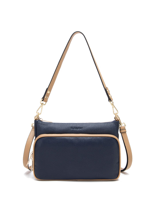 Elegant Katrina Multi Compartment Leather Xbody Bag Navy/camel