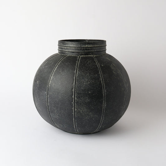 Rounded Fluted Metal Vase – Aged Black (31cm)