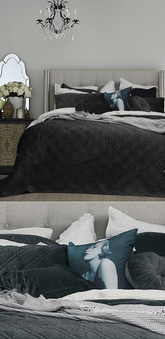 Macey & Moore Luxe Velvet Charcoal Quilted Bedspread Set - King size